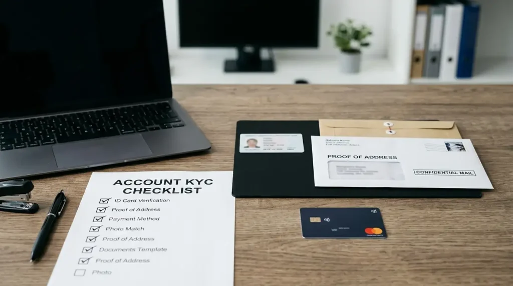 Desk with identity documents, payment card and verification checklist