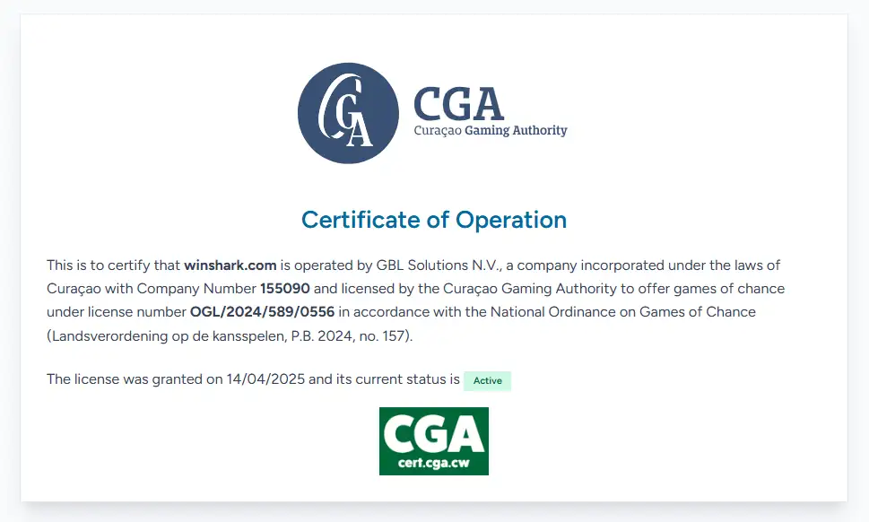 Curaçao Gaming Authority certificate page showing Winshark licence details