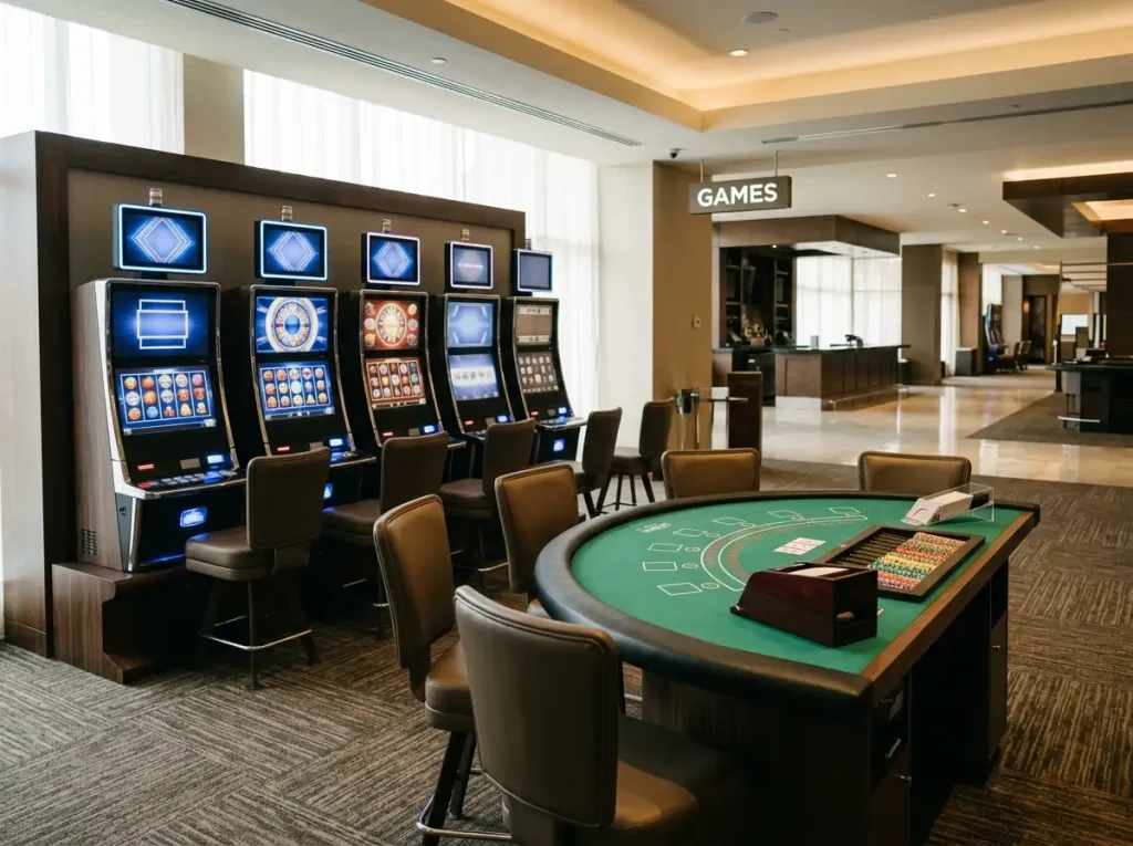 Casino lobby scene combining slot cabinets and a live dealer table