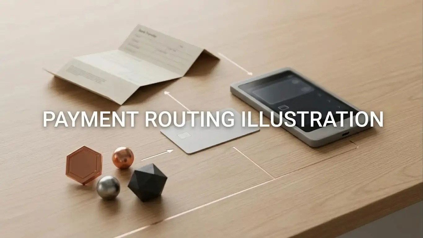Abstract payment paths linking a bank card, digital wallet and crypto token symbols.