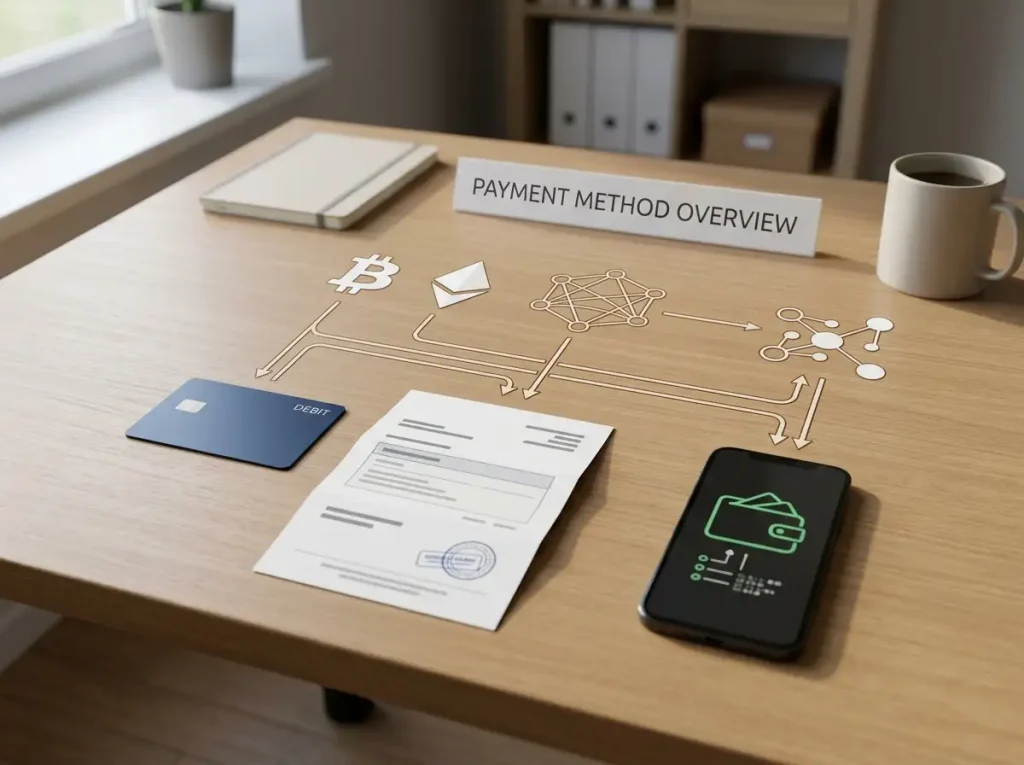Payment routing scene combining cards, bank transfer and cryptocurrency wallets