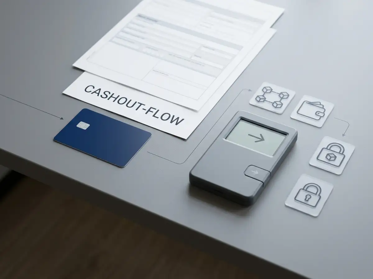 Cashout flow scene with a bank card, bank transfer documents and cryptocurrency wallet symbols